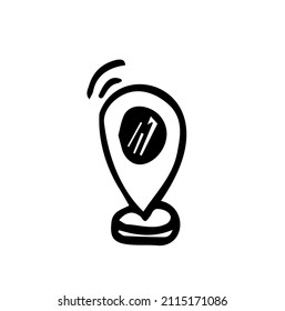Icono de doodle dibujado a mano con el símbolo de esquema del pasador de mapa. Pin de dirección y mapa, puntero móvil y localizador, concepto de navegación. Ilustración vectorial para impresión, web, móvil e infografía sobre fondo blanco.
