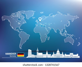 Map pin with Hannover Skyline - vector illustration