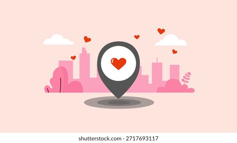 Icono del corazón del alfiler del mapa sobre fondo rosado del horizonte de la ciudad