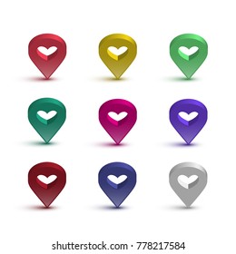 Map pin with heart set. Vector shiny signs with hearts for map isolated on white background.