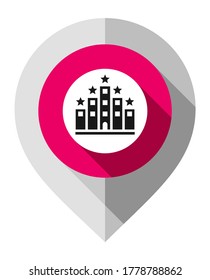 Pin de mapa, símbolo del hotel, puntero gps plegado desde papel gris