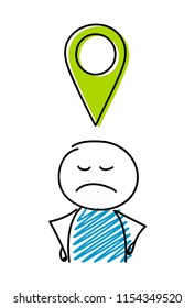 Map pin icon with angry stickman. Vector.
