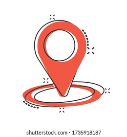 Map pin icon in comic style. Gps navigation cartoon vector illustration on white isolated background. Locate position splash effect business concept.