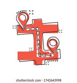 Map pin icon in comic style. GPS navigation cartoon vector illustration on white isolated background. Locate position splash effect business concept.