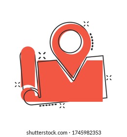 Map pin icon in comic style. GPS navigation cartoon vector illustration on white isolated background. Locate position splash effect business concept.
