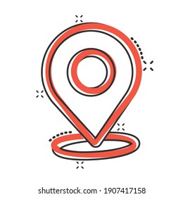 Map pin icon in comic style. Gps navigation cartoon vector illustration on white isolated background. Locate position splash effect business concept.