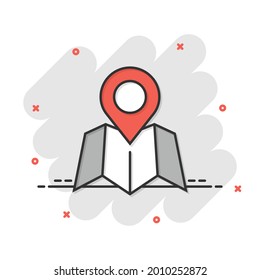 Map pin icon in comic style. Gps navigation cartoon vector illustration on white isolated background. Locate position splash effect business concept.