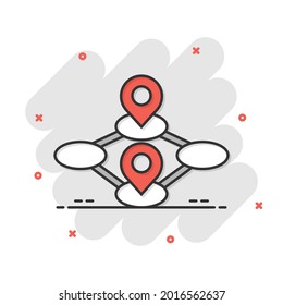 Map pin icon in comic style. Gps navigation cartoon vector illustration on white isolated background. Locate position splash effect business concept.