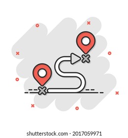 Map pin icon in comic style. GPS navigation cartoon vector illustration on white isolated background. Locate position splash effect business concept.
