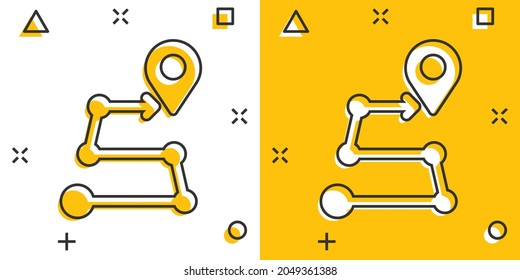 Map pin icon in comic style. GPS navigation cartoon vector illustration on white isolated background. Locate position splash effect business concept.