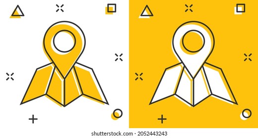 Map pin icon in comic style. GPS navigation cartoon vector illustration on white isolated background. Locate position splash effect business concept.