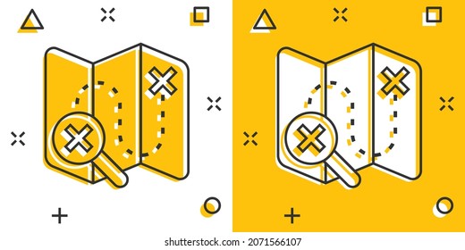 Map pin icon in comic style. GPS navigation cartoon vector illustration on white isolated background. Locate position splash effect business concept.