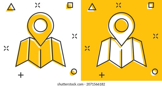 Map pin icon in comic style. Gps navigation cartoon vector illustration on white isolated background. Locate position splash effect business concept.