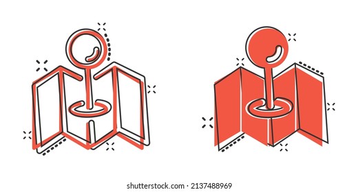 Map pin icon in comic style. gps navigation cartoon vector illustration on white isolated background. Locate position splash effect business concept.