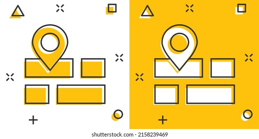 Map pin icon in comic style. gps navigation cartoon vector illustration on white isolated background. Locate position splash effect business concept.