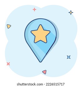 Map pin icon in comic style. GPS navigation cartoon vector illustration on white isolated background. Locate position splash effect business concept.