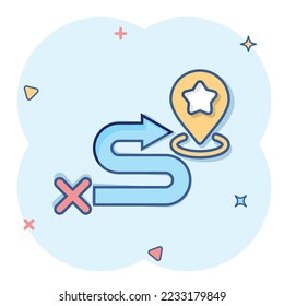 Map pin icon in comic style. gps navigation cartoon vector illustration on white isolated background. Locate position splash effect business concept.