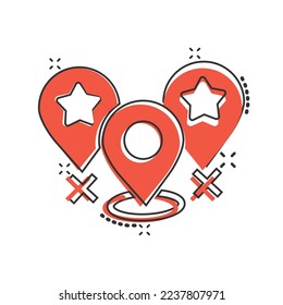 Map pin icon in comic style. GPS navigation cartoon vector illustration on white isolated background. Locate position splash effect business concept.