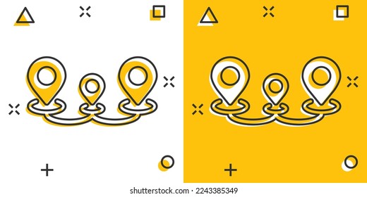 Map pin icon in comic style. GPS navigation cartoon vector illustration on white isolated background. Locate position splash effect business concept.