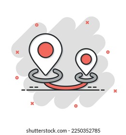 Map pin icon in comic style. GPS navigation cartoon vector illustration on white isolated background. Locate position splash effect business concept.