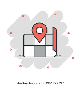 Map pin icon in comic style. gps navigation cartoon vector illustration on white isolated background. Locate position splash effect business concept.