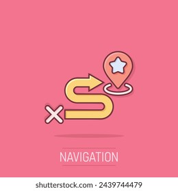 Map pin icon in comic style. gps navigation cartoon vector illustration on isolated background. Locate position splash effect business concept.