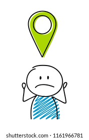 Map pin icon with confused stickman. Vector.