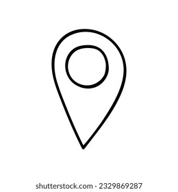 Map pin icon in doodle style. Handdrawn location pointer symbol isolated on white background. Navigation sign. Destination pictogram. Geo tag label. Vector outline illustration