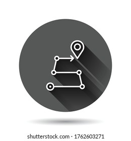 Map pin icon in flat style. gps navigation vector illustration on black round background with long shadow effect. Locate position circle button business concept.