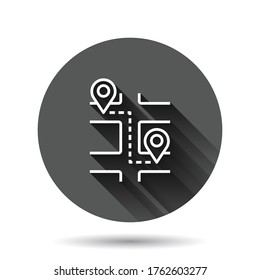 Map pin icon in flat style. gps navigation vector illustration on black round background with long shadow effect. Locate position circle button business concept.