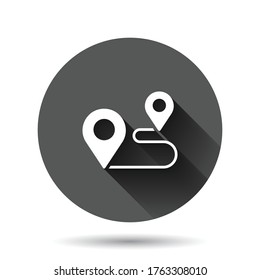 Map pin icon in flat style. GPS navigation vector illustration on black round background with long shadow effect. Locate position circle button business concept.