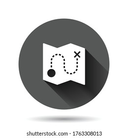 Map pin icon in flat style. gps navigation vector illustration on black round background with long shadow effect. Locate position circle button business concept.
