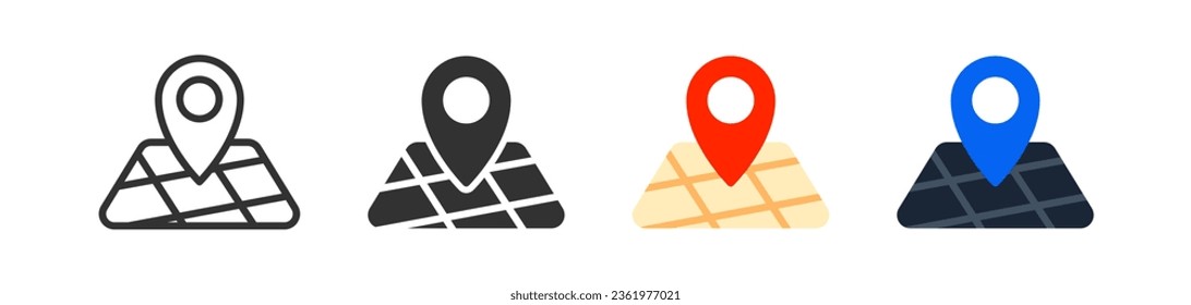 Icono de pin de mapa. Señales de ubicación geográfica. Símbolo de etiqueta de ruta. Colocar símbolos de punto. Coloque los iconos del puntero. Dirección de destino. Signo aislado del vector.
