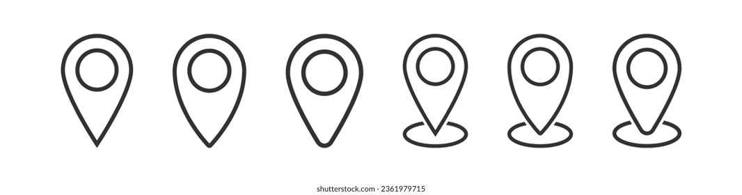 Icono de pin de mapa. Señales de ubicación geográfica. Símbolo de etiqueta de ruta. Colocar símbolos de punto. Coloque los iconos del puntero. Dirección de destino. Signo aislado del vector.
