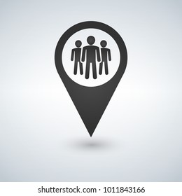 Map pin icon with group people.