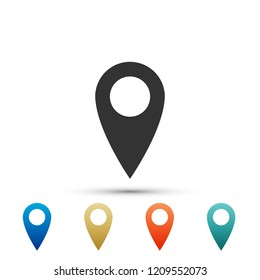 Map pin icon isolated on white background. Pointer symbol. Location sign. Navigation map, gps, place, compass, contact, search concept. Set elements in colored icons. Flat design. Vector Illustration