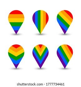 Map pin icon. LGBT Rainbow Flag. Location sign for LGBTQ+ rights movement. Symbol for community. Shape of six color stripes: red, orange, yellow, green, blue, violet. Vector illustration EPS