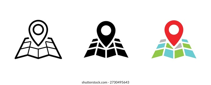 Map pin icon. Location marker and navigation map symbol. GPS navigation, destination search and route planning concept. Travel location sign. Address, direction and place finder pictogram.