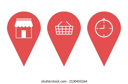 Map pin icon. Location pin place marker. Location icon. Map marker pointer icon set. GPS location symbol collection. Pins with the image of the store, shopping, basket, delivery. Vector icon