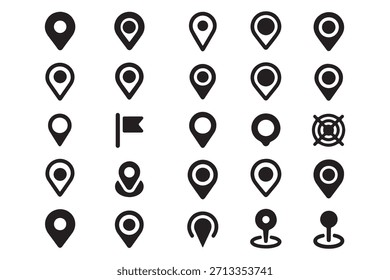 Icono de pin de mapa. marcador de lugar de pin de ubicación. Icono de Locación. Conjunto de iconos de puntero de marcador de mapa. Símbolo de ubicación GPS colección. Ilustración de Victor Eps 10.