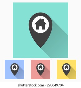 Map pin icon with long shadow, flat design. Vector illustration.