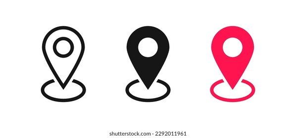 Map pin icon. Marker place symbol. Gps navigation signs. Destination point symbols. Travel direction icons. Black, red color. Vector isolated sign.