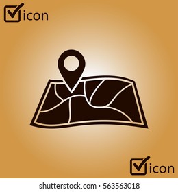 Map with a pin icon. Map navigation symbol.