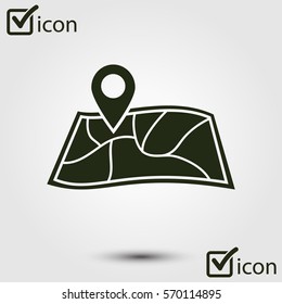 Map with a pin icon. Map navigation symbol.