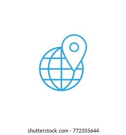 Map pin icon on globe, linear vector logo, gps pointer
