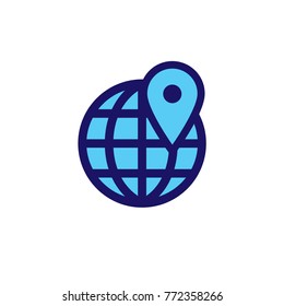 Map pin icon on globe, linear vector logo