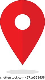 Map pin icon, red location marker with shadow, white center, vector symbol for navigation and geographic positioning