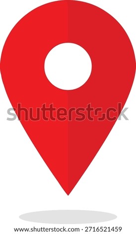 Map pin icon, red location marker with shadow, white center, vector symbol for navigation and geographic positioning