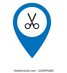 Map pin icon with scissors. barber, hairdresser's, barbershop here icon