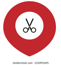 Map pin icon with scissors. barber, hairdresser's, barbershop here icon